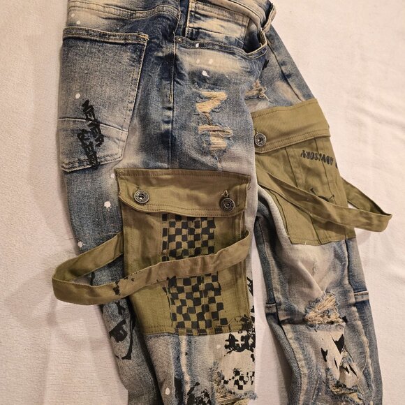 Smoke Rise Cargo Fashion Denim Streetwear Street Ware Wear Mens Jeans Doodle Uti - Picture 7 of 16